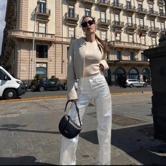 NWT ZARA FULL LENGTH Z1975 METALLIC STRAIGHT JEANS PEARL GRAY - Picture 1 of 5